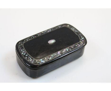 19th Century Lacquered Snuff box with Mother of Pearl chip decoration to the hinged lid