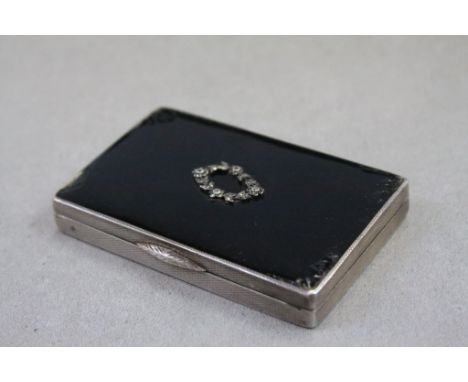 Continental import Hallmarked Silver Snuff box with Gilt wash interior, Black Enamel &amp; Marcasite lid and Engine turned de