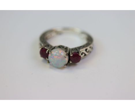 Silver CZ Rubilite Dress Ring with Central Opal Panel