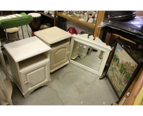 Two White Painted Bedside Cabinets together with a Firescreen and a White Painted Framed Mirror
