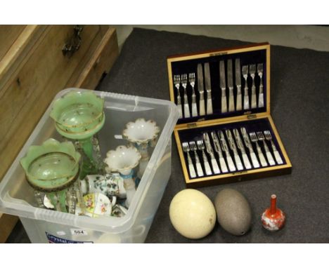 Mixed Lot including Two Pairs of Lustres, Ostrich Egg and another Large Egg, Mahogany Cased Knife and Fork Set with Mother of