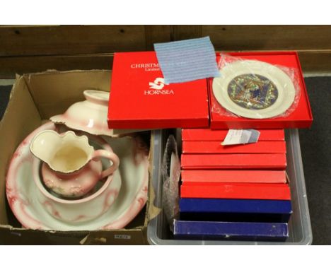 Thirteen Boxed Christmas Collector's Plates including Hornsea, Hummel and Portmeirion together with Pink and White Ceramic Wa