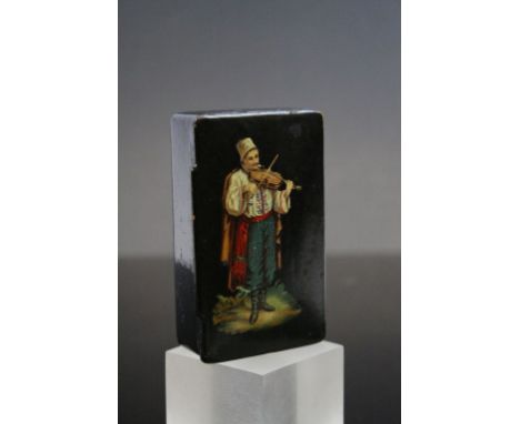 Vintage Russian Lacquered Snuff box with Fiddling Gypsy figure image to lid