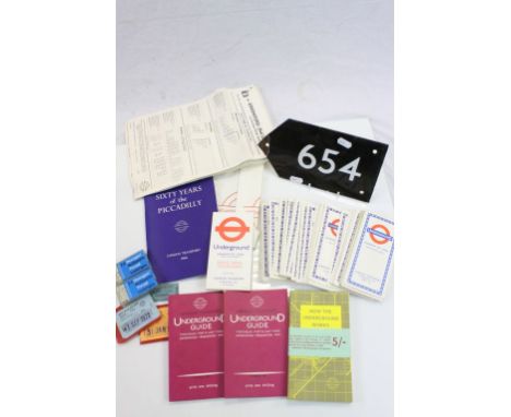Box of vintage London Transport collectables to include Maps, tickets, Enamel sign with numbers, timetables