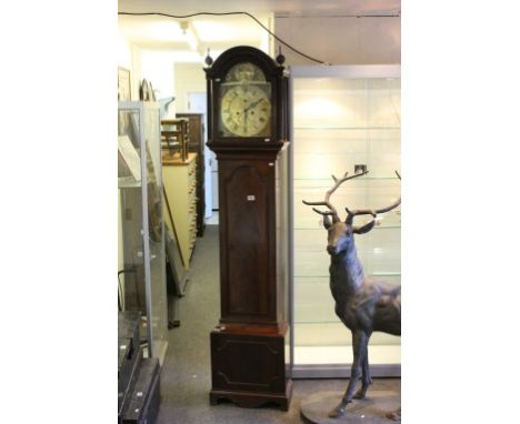 19th century Mahogany Longcase Clock, the domed hood with brass finials and flanked by reeded columns, the brass face marked 