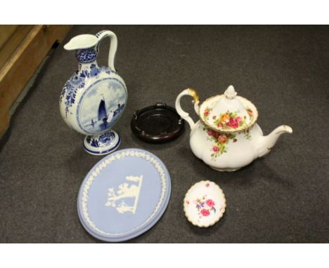 Royal Albert ' Old Country Roses ' Teapot together with Delft Moon Jug on Wooden Stand, Wedgwood Jasperware Oval Plate and Sp
