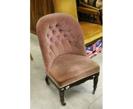 Late 19th century Pink Upholstered Button Back Chair raised on turned reeded legs with castors