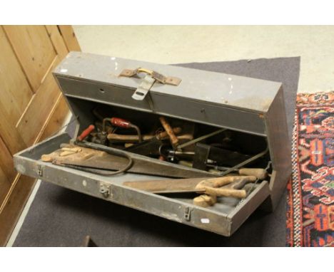 Vintage Painted Wooden Tool Box with Two Interior Drawers together with a Collection of Old Wood Working Tools