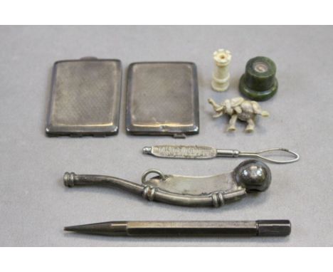 Hallmarked Silver matchbook case with engine turned decoration, Bosun's Whistle, hardstone Compass etc