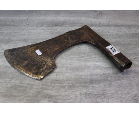 Medieval long socketed Axe Head 15 - 17th Century with flat sectioned Blade, curved edge with square chin below Flange attach