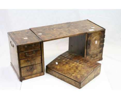 Apprentice Oriental Parquetry Desk comprising Pedestal of Four Drawers, Pedestal of a Cupboard opening to reveal Two Drawers 