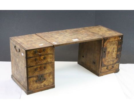 Apprentice Oriental Parquetry Desk comprising Pedestal of Four Drawers, Pedestal of a Cupboard opening to reveal Two Drawers 