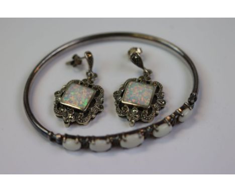 Pair of Silver Earrings and a Bangle all set with Opal &amp; Marcasite