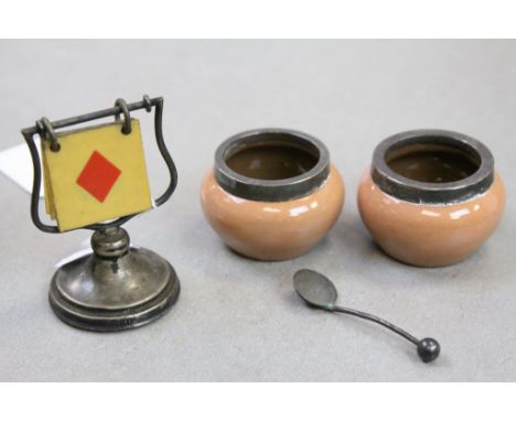 Pair of ceramic Salts with Hallmarked silver rims and a Spoon &amp; a Silver mounted Whist marker