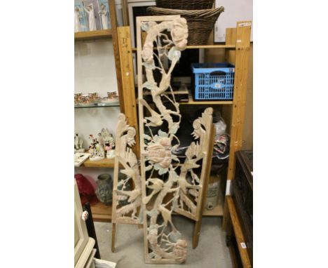 Three Painted Pierced Carved Wooden Panels forming a Frame / Surround in the form of Flowers, Foliage and Birds, approximatel