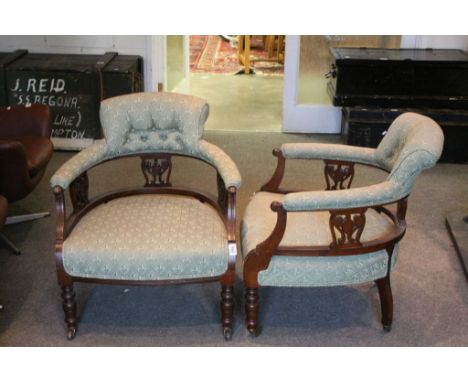 Pair of Edwardian Salon Tub Chairs, Green Upholstered with Button Backs