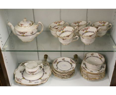 Early 20th century Tea Service decorated with Orange Trees comprising Tea Pot, 2 Sandwich Plates, Sugar Bowl, Milk Jug, Ten C