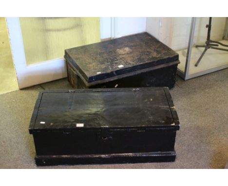 Vintage Black Painted Wooden Tool Box together with a Black Tin Trunk