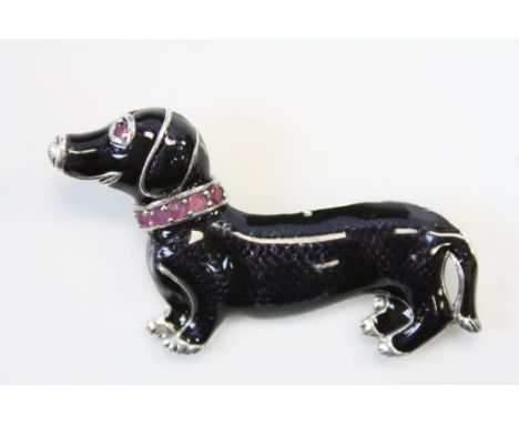 Silver and Enamel Dachshund Dog with Ruby Collar