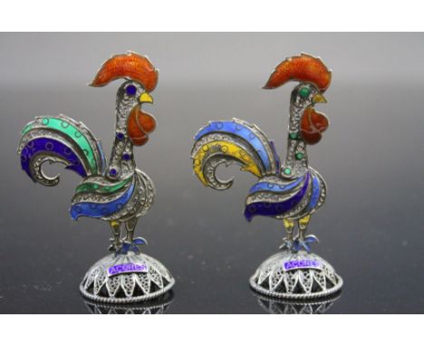 Pair of White Metal and Enamel Models of Cockerels