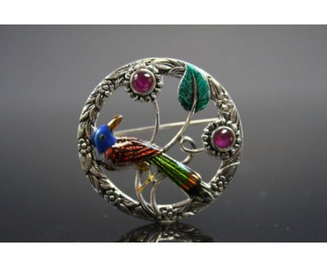 Silver and Enamel Set Bird Brooch