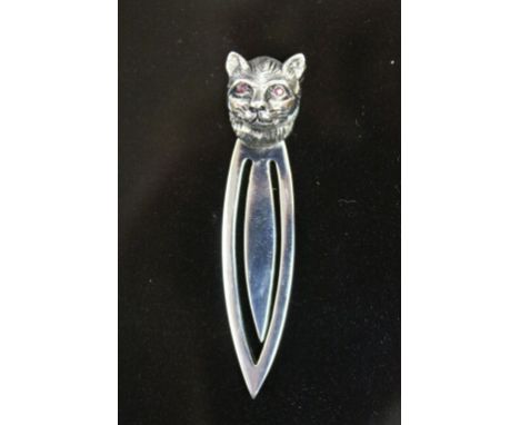 Silver Bookmark with Cat Finial and Ruby Eyes