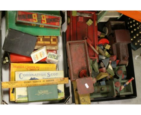 Tray of Vintage Wooden Toys including Train, Lorry, Blocks, etc plus Tray of Mixed Toys including Board Games, Cribbage Board