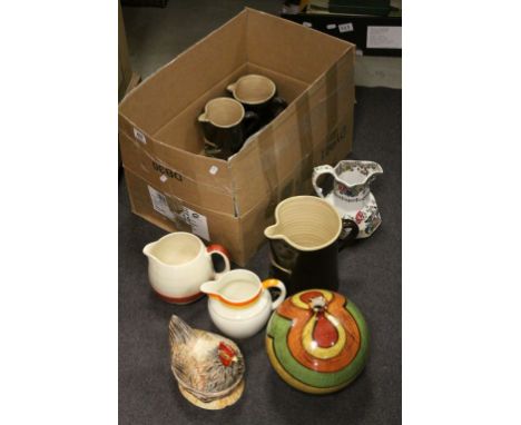 Mixed Lot of Ceramics including Three Kermann Evires Pottery Jugs, Ceramic Chicken Egg Basket, Susie Cooper Jug, Spode Plates