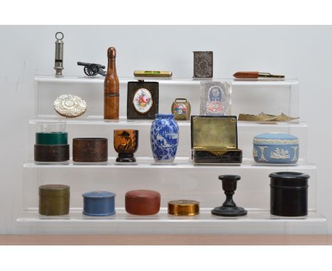 An assorted collection of works of art, including items of treen, a silvered Coronation calendar from 1937, a mother of pearl
