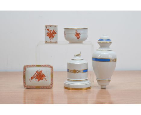 A collection of Herend porcelain, comprising a broken lamp base blue and gilt pattern, a match box case, a small bowl 9cm wid