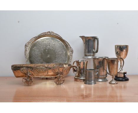 A collection of metalware's, comprising two pewter and one silver plated tankard associated with HMS King Alfred, a silver pl