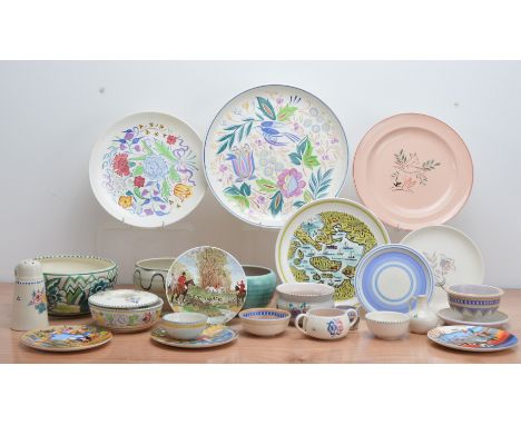 A Collection of 1930 and later Poole pottery, including a large selection of plates and saucers, the largest plate 31.5cm dia