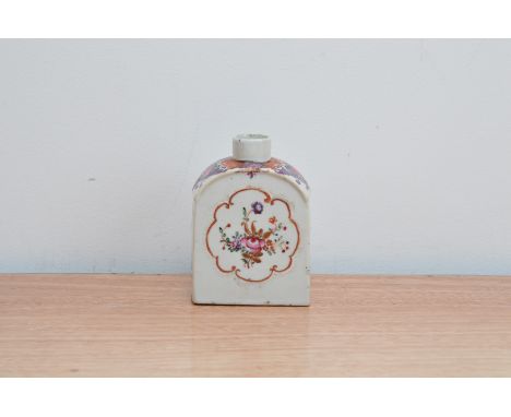 A late 18th/ early 19th century Chinese famille rose tea caddy, hand painted floral design on a white ground, the cover missi