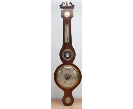 A late 19th century Rosewood Barometer,  the swan neck pediment above a silvered hygrometer, thermometer, mirror, barometer a