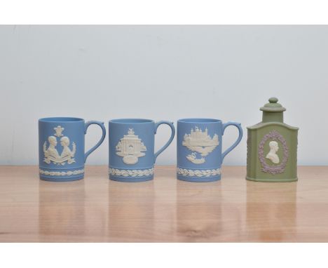 Three 20th century Wedgwood Commemorative Jasperware mugs, comprising one for The Royal Wedding 1981, Constitutional Hill-Chr