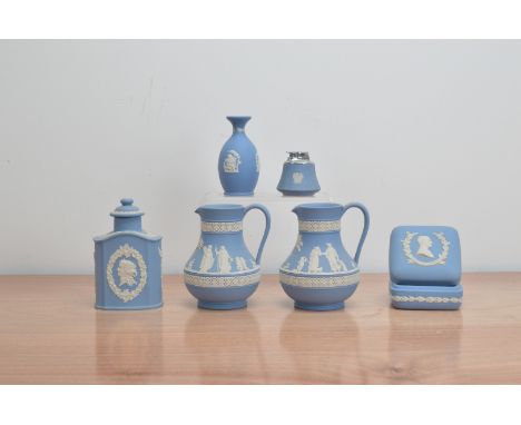 A collection of 20th century Wedgwood Jasperware items, comprising two jugs both 14.5cm H, a lidded tea caddy 16cm H, a squar