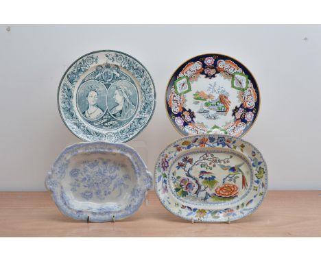 Four 19th century English ceramic items, comprising, a small Davenport serving platter with colourful oriental design 26cm wi