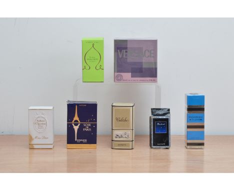A collection of ladies perfumes, comprising a sealed box of Versace Ethereal Essence 50ml, Yves Saint Laurent rive gauche 50m