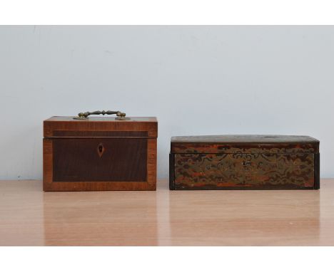 An early 20th century brass and tortoiseshell Boulle box, 8.5cm x 25.5cm, AF, together with a late 19th century Rosewood and 
