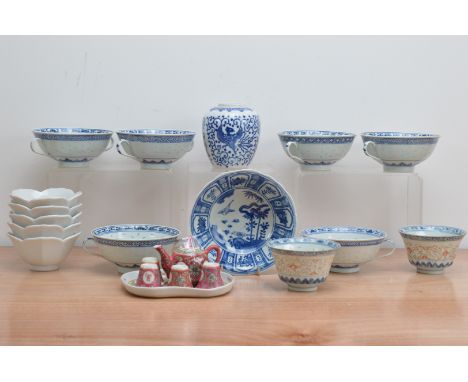 A large collection of 20th century Chinese porcelain items, comprising six twin handled blue and white bowls 14cm D, five whi