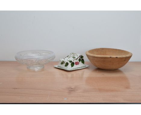 An art deco glass footed bowl, 27cm diameter, marked Barolac on the underside of the base, together with a Newport Pottery bu