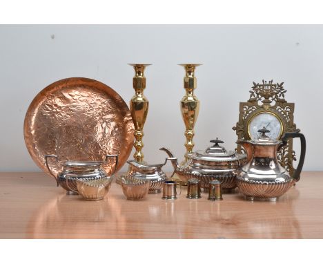 A collection of metalware's, comprising a copper tray 32cm diameter, a brass freestanding 20th century weather dial, a pair o