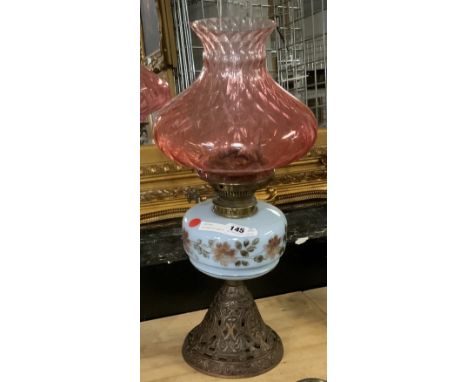 VICTORIAN OIL LAMP WITH CAST IRON BASE - RED SHADE &amp; CHIMNEY - 56 CMS