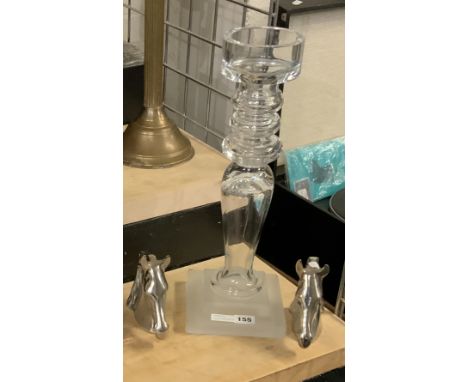 GLASS CANDLESTICK WITH VILLEROY &amp; BOCH GLASS CLOCK &amp; TWO HORSE BOOKENDS - CANDLESTICK = 42 CMS