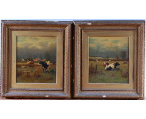 Willem Maris - Pair; Cattle grazing and watering in a meadow, oil on canvas, each signed lower left W Maris, 34.5 x 29.5cm Co