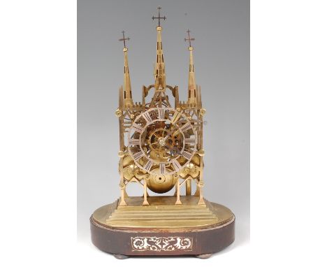 Robert Gidney of Norwich circa 1830 brass cathedral skeleton clock, having signed silvered dial, twin chain driven eight day 