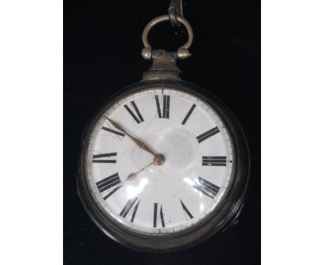 A George IV silver pair cased gents open face pocket watch, having white enamel dial with Roman numerals (hairlines), chain d