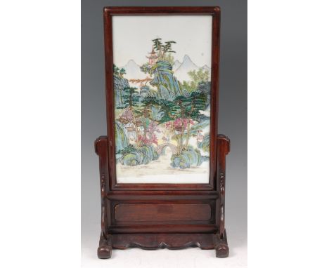 A 20th century Chinese glazed stoneware rectangular plaque, enamel decorated with figure landscape scene within mountains, ho