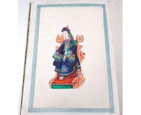 Two Chinese cloth covered scrap albums containing late Qing Dynasty pith paintings,  one holding 12 portraits of court offici