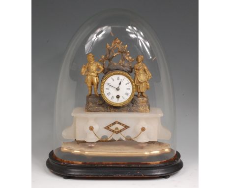 A late 19th century French gilt metal and alabaster mantel clock, the white enamel dial flanked by a gallant and his maiden, 